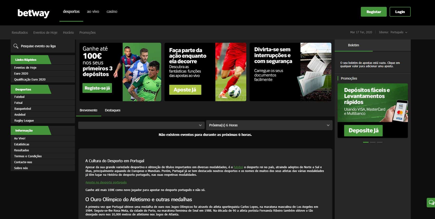 Gama de apostas desportivas disponíveis no Betway